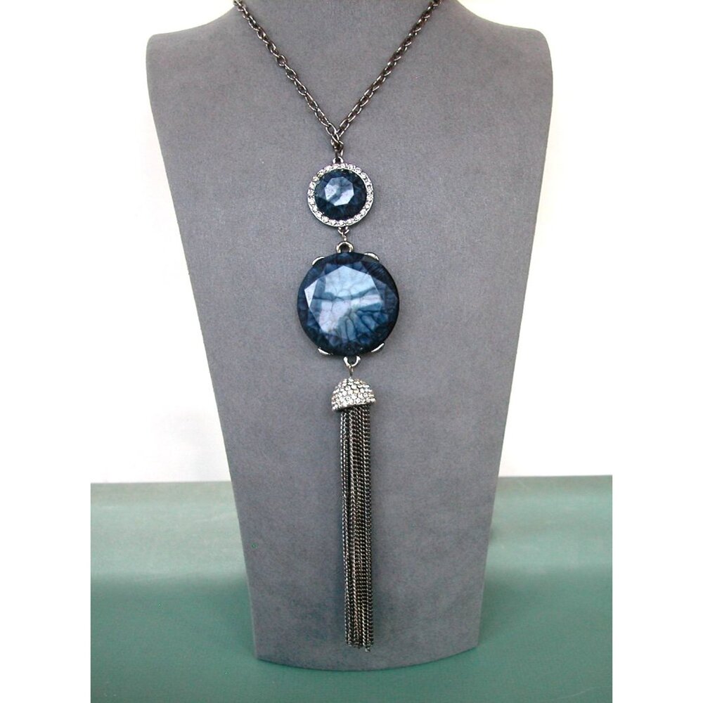 Vera Wang Blue Faceted  Necklace With Tassel Pendant & Rhinestone Accents
